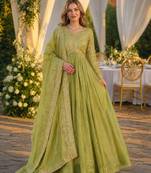 green silk blend readymade anarkali suit with embroidery & sequence work