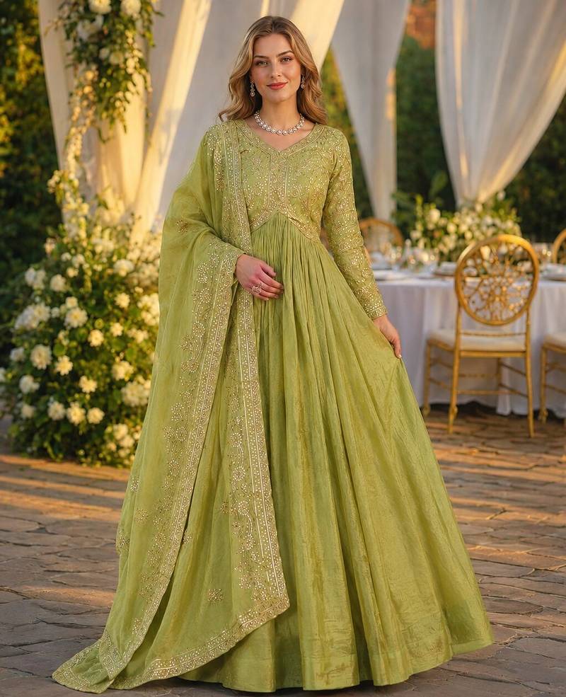 green silk blend readymade anarkali suit with embroidery & sequence work