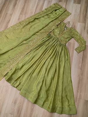 green silk blend readymade anarkali suit with embroidery & sequence work 2