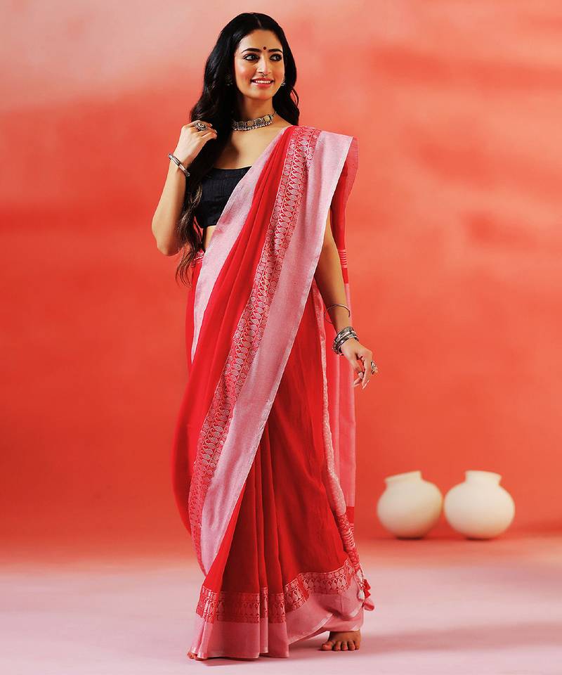 Crimson red handloom khadi saree