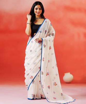 Ivory floral printed handloom khadi saree 1