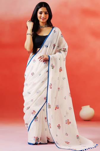 Ivory floral printed handloom khadi saree