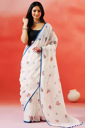 Ivory floral printed handloom khadi saree