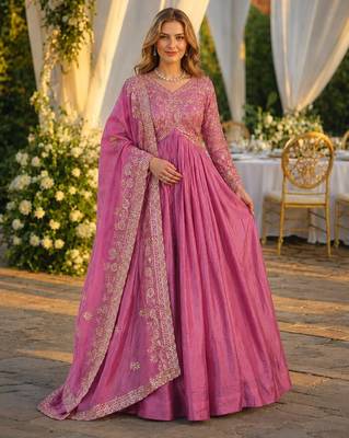 pink silk blend readymade anarkali suit with embroidery & sequence work 1