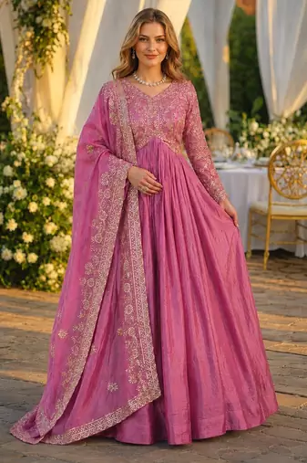 pink silk blend readymade anarkali suit with embroidery & Sequin work
