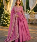 pink silk blend readymade anarkali suit with embroidery & sequence work