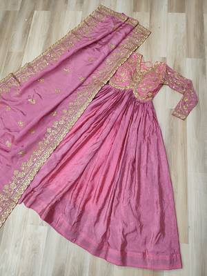 pink silk blend readymade anarkali suit with embroidery & sequence work 2