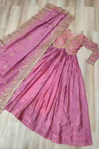 pink silk blend readymade anarkali suit with embroidery & Sequin work