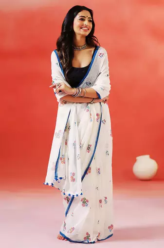 Ivory floral printed handloom khadi saree