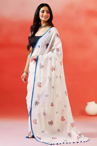 Ivory floral printed handloom khadi saree