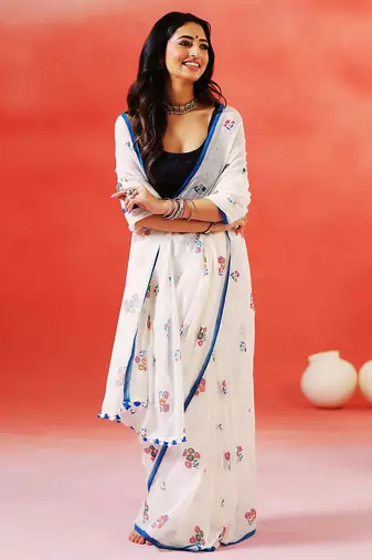 Ivory floral printed handloom khadi saree