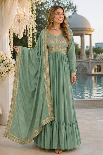 pista vichitra silk blend readymade anarkali suit with embroidery & Sequin work
