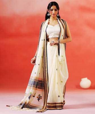 Cream white printed handloom khadi saree 1