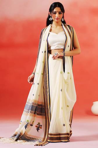 Cream white printed handloom khadi saree