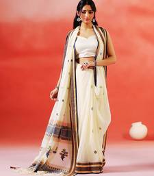 Cream white printed handloom khadi saree