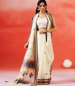 Cream white printed handloom khadi saree