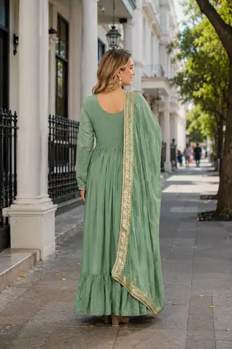 pista vichitra silk blend readymade anarkali suit with embroidery & sequence work