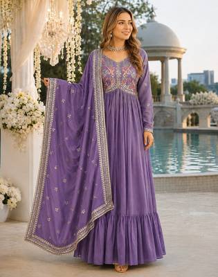 lavender vichitra silk blend readymade anarkali suit with embroidery & sequence work 1