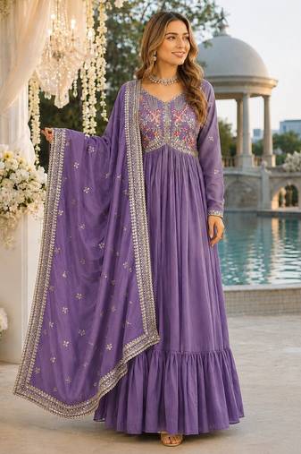 lavender vichitra silk blend readymade anarkali suit with embroidery & Sequin work