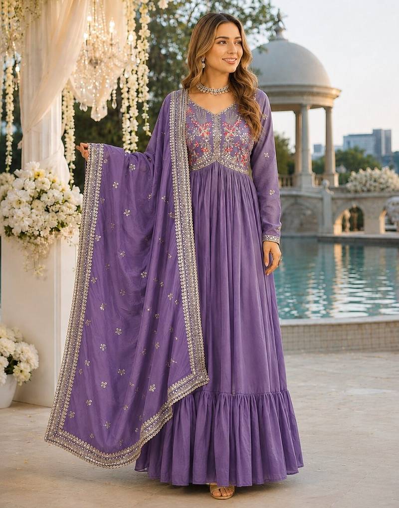 lavender vichitra silk blend readymade anarkali suit with embroidery & sequence work