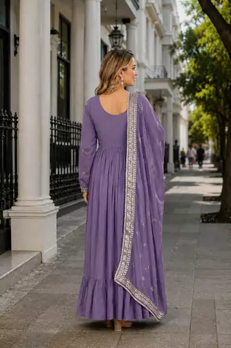 lavender vichitra silk blend readymade anarkali suit with embroidery & sequence work