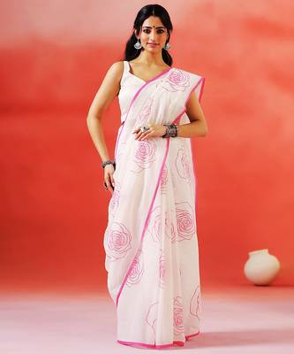 Ivory floral printed handloom khadi saree 1