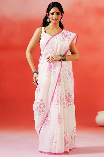 Ivory floral printed handloom khadi saree