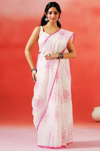 Ivory floral printed handloom khadi saree