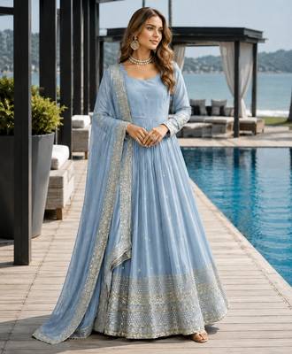 blue silk blend readymade anarkali suit with embroidery & sequence work 1