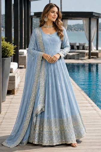 blue silk blend readymade anarkali suit with embroidery & Sequin work
