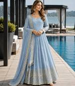 blue silk blend readymade anarkali suit with embroidery & sequence work