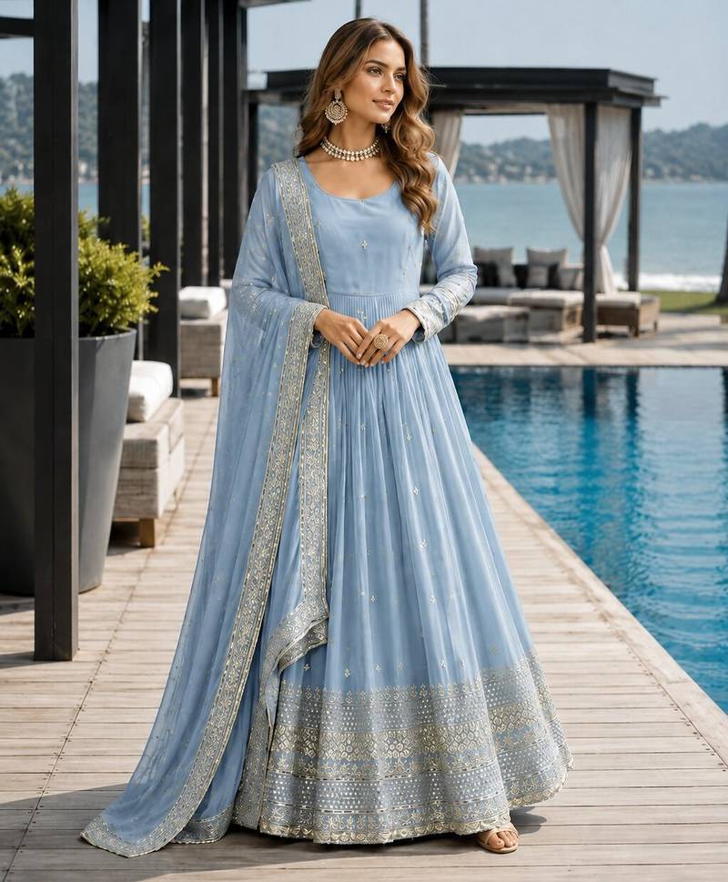 blue silk blend readymade anarkali suit with embroidery & sequence work