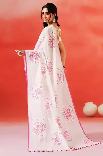 Ivory floral printed handloom khadi saree