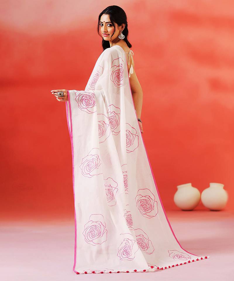 Ivory floral printed handloom khadi saree