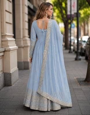 blue silk blend readymade anarkali suit with embroidery & sequence work 2