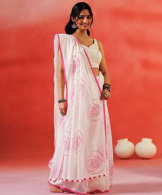 Ivory floral printed handloom khadi saree 3