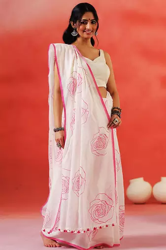 Ivory floral printed handloom khadi saree