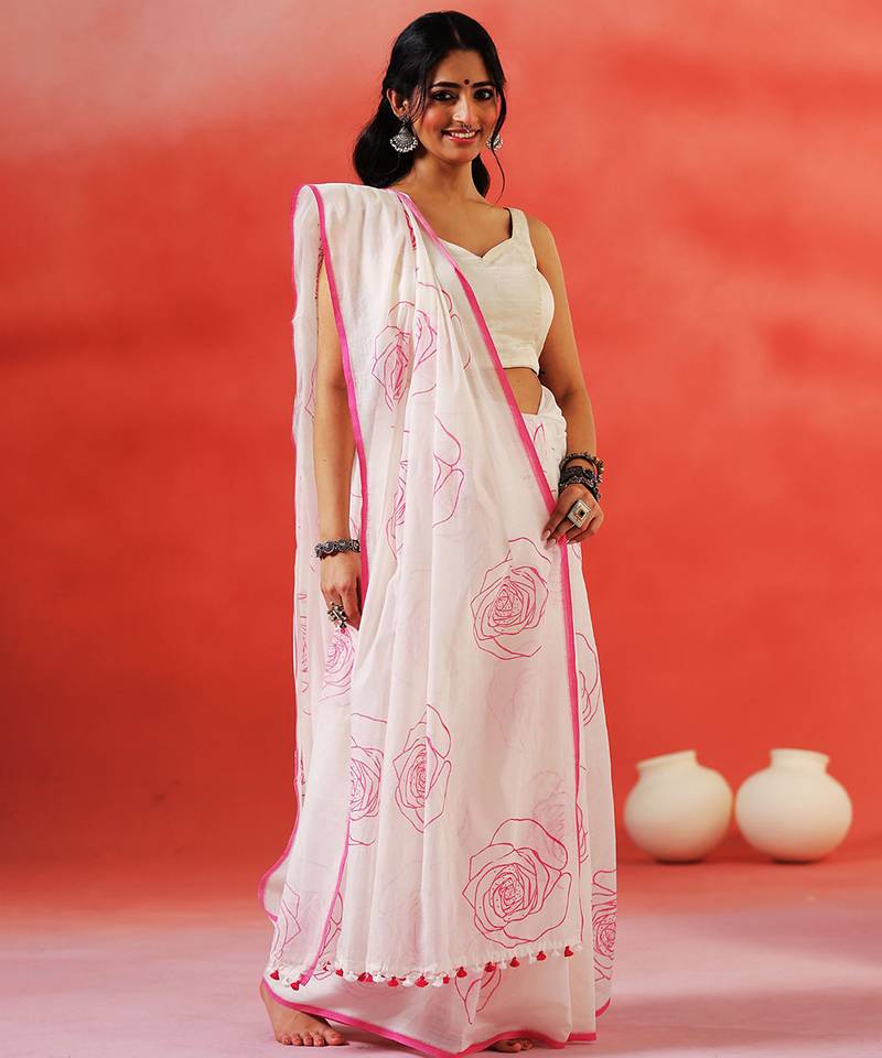 Ivory floral printed handloom khadi saree