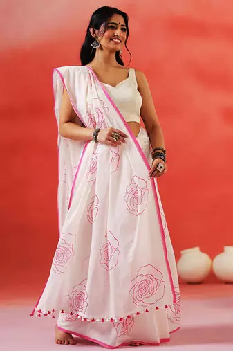 Ivory floral printed handloom khadi saree