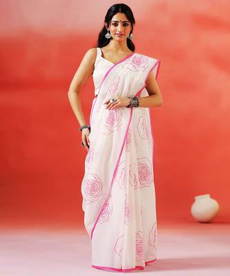 Ivory floral printed handloom khadi saree 5