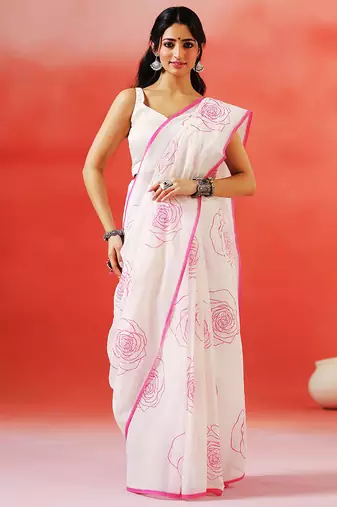 Ivory floral printed handloom khadi saree