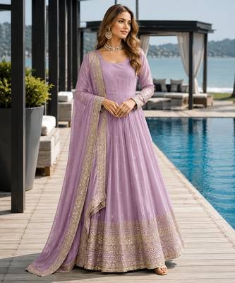 lavender silk blend readymade anarkali suit with embroidery & sequence work 1