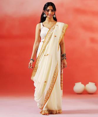 Ivory mustard printed handloom khadi saree 1