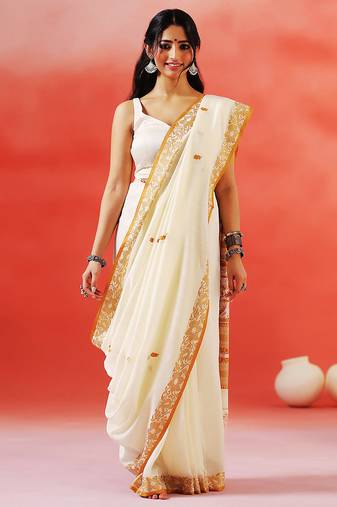 Ivory mustard printed handloom khadi saree