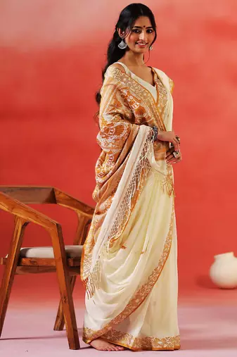 Ivory mustard printed handloom khadi saree
