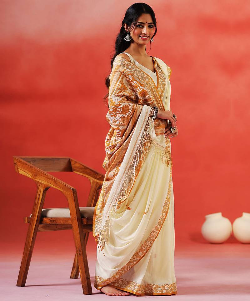 Ivory mustard printed handloom khadi saree
