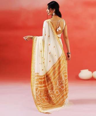 Ivory mustard printed handloom khadi saree 3