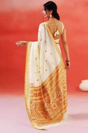Ivory mustard printed handloom khadi saree