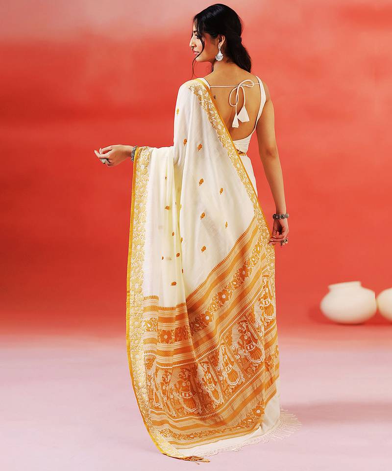 Ivory mustard printed handloom khadi saree