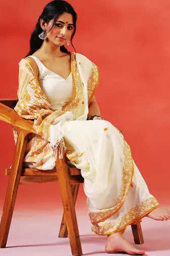 Ivory mustard printed handloom khadi saree